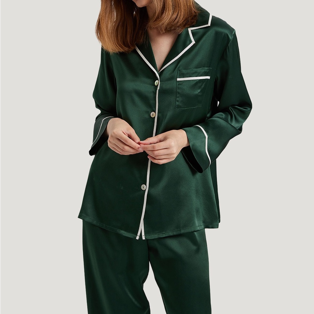 Nap Loungewear Trimmed Silk Pajama Set Basil Green 100% Silk L
